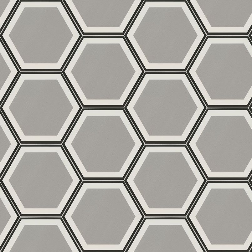Hexagonal tile pattern with gray, cream, and black outlines.