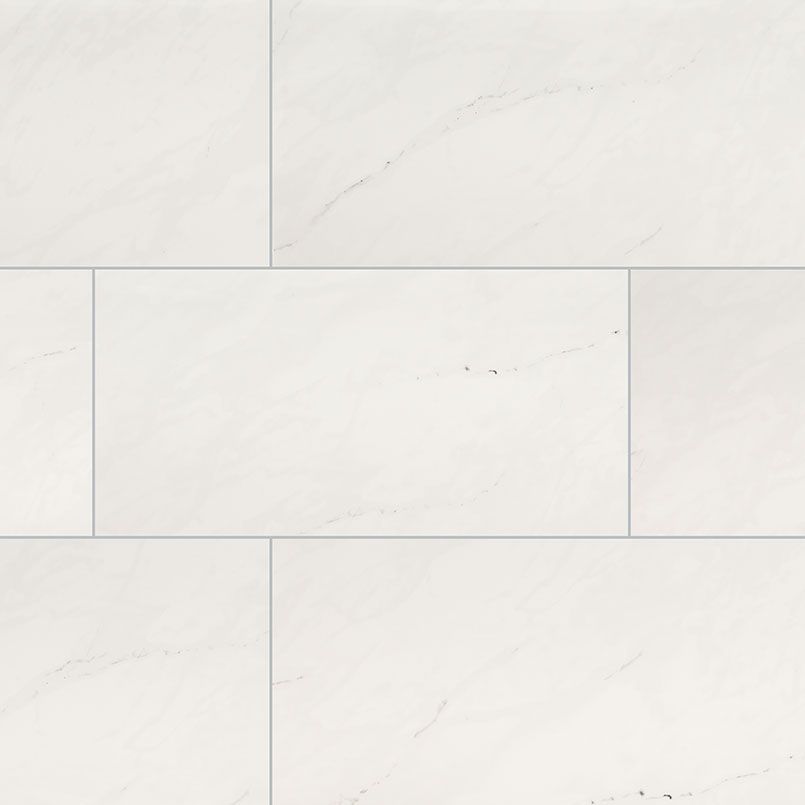 White rectangular tiles with subtle veining, arranged in a brick pattern.