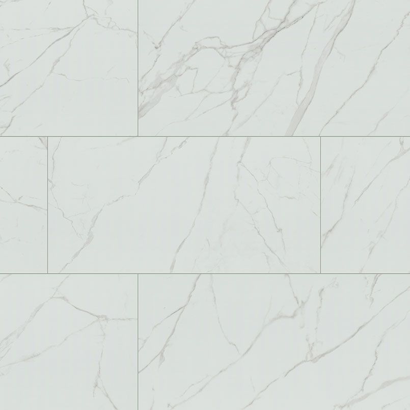 White marble-look tile flooring with gray veining in a rectangular pattern.