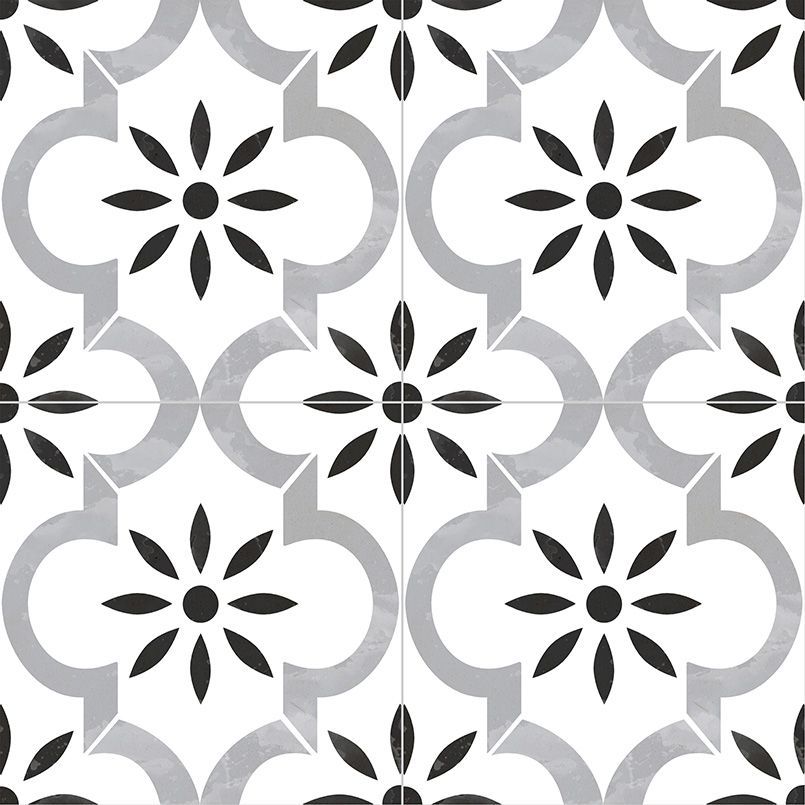 Decorative tile pattern with white background, gray quatrefoil shapes, and black floral designs.