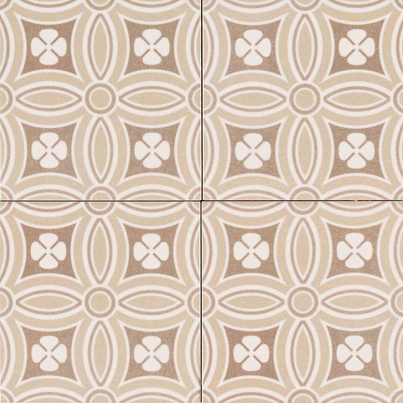 Tan and beige patterned tiles with oval and flower shapes.