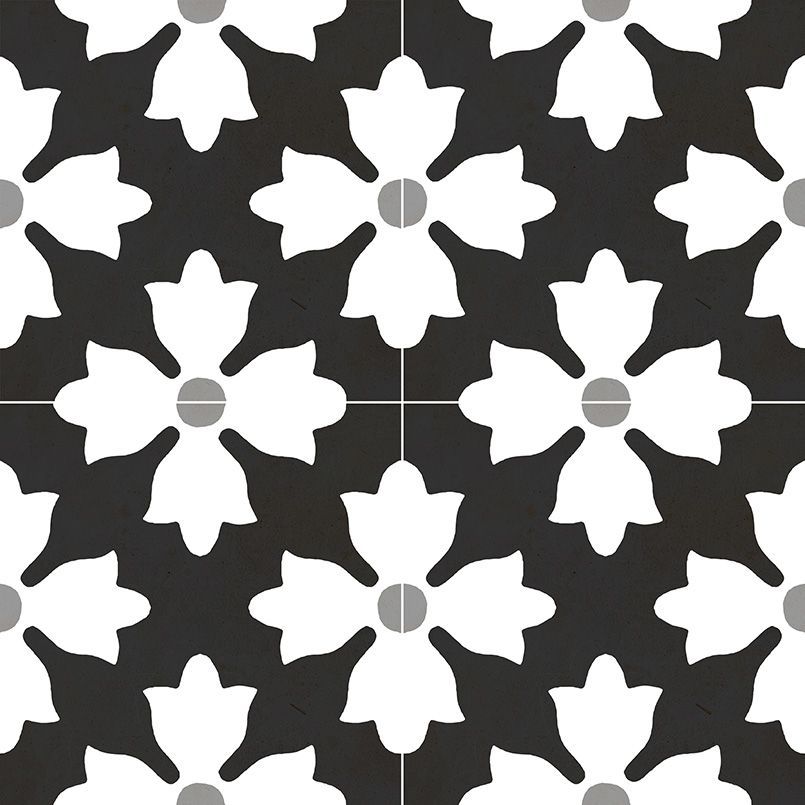 Black and white floral pattern tile. White flowers with gray centers on a dark gray background.