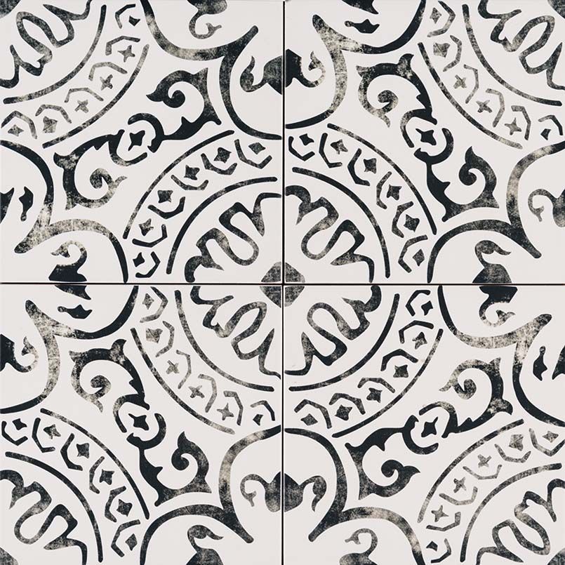 Four square tiles arranged to form a decorative pattern with black and white swirling floral motifs.