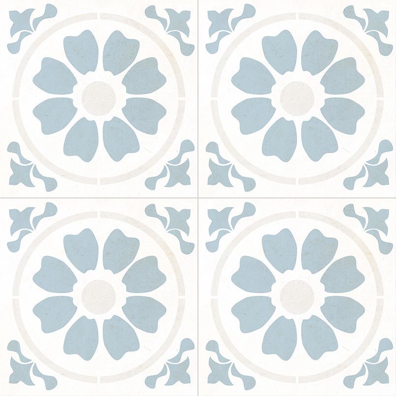 Four decorative blue and white floral tiles arranged in a square pattern.