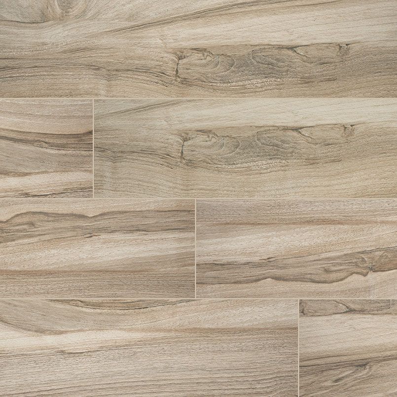 Wood-look floor tiles in shades of beige and brown, arranged in a staggered pattern.