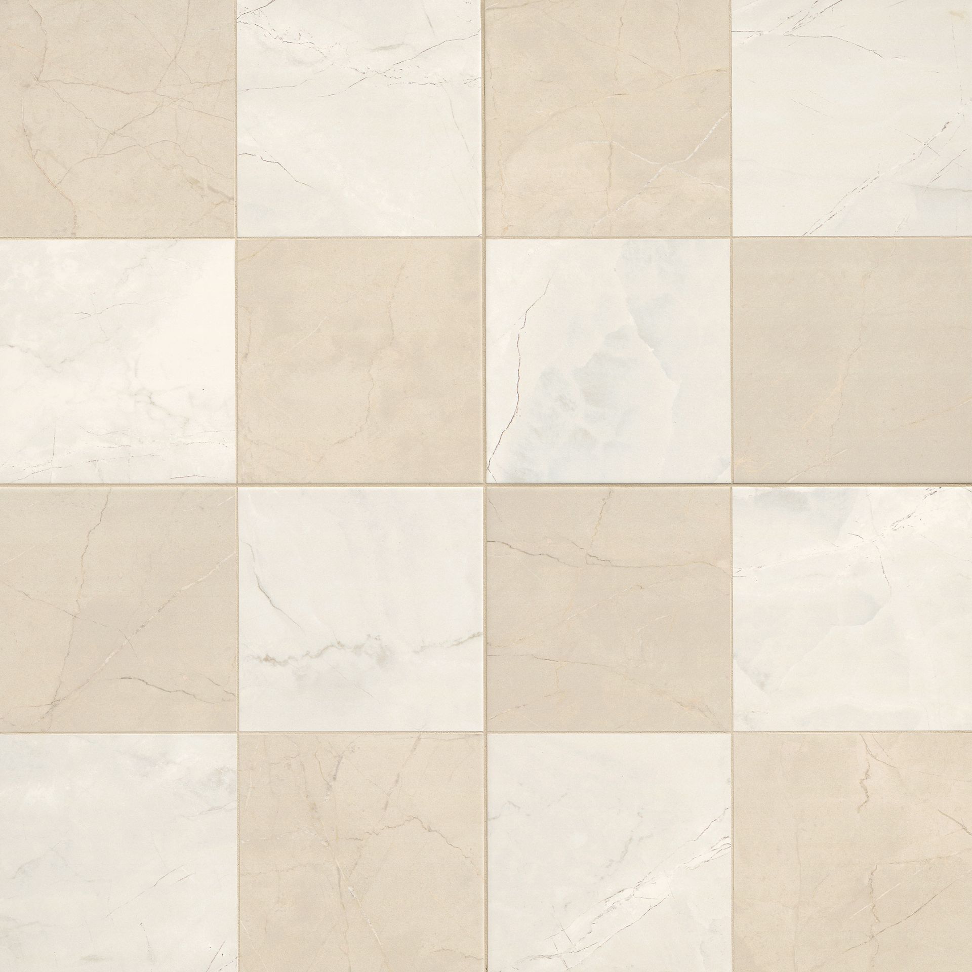 Checkerboard tile pattern in cream and beige.