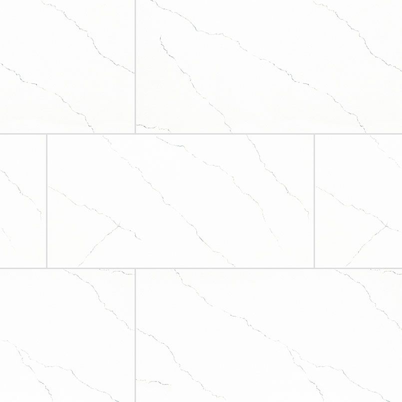 White rectangular tiles with subtle veining arranged in a brick pattern.