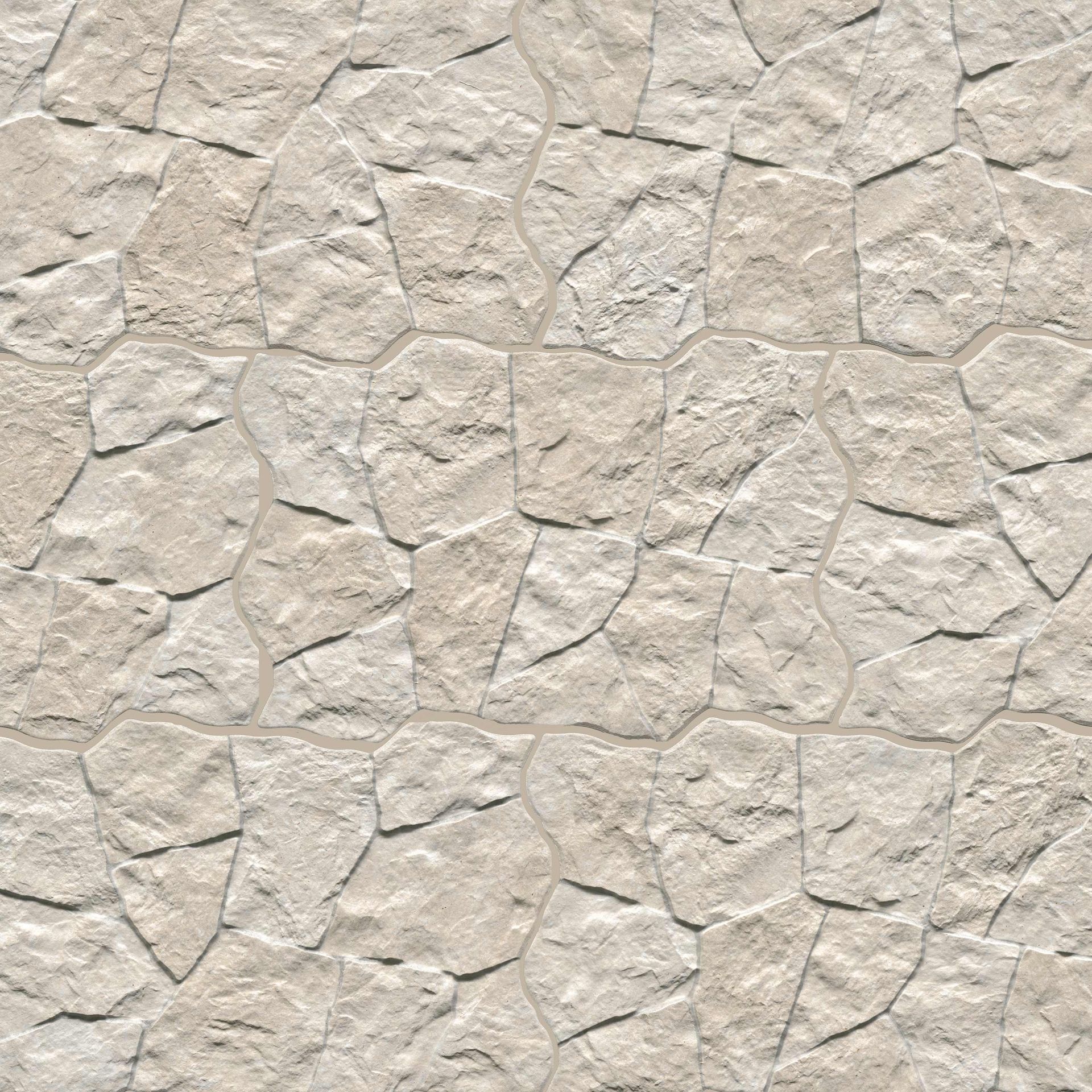 Tan stone wall with irregular shapes and grout lines.