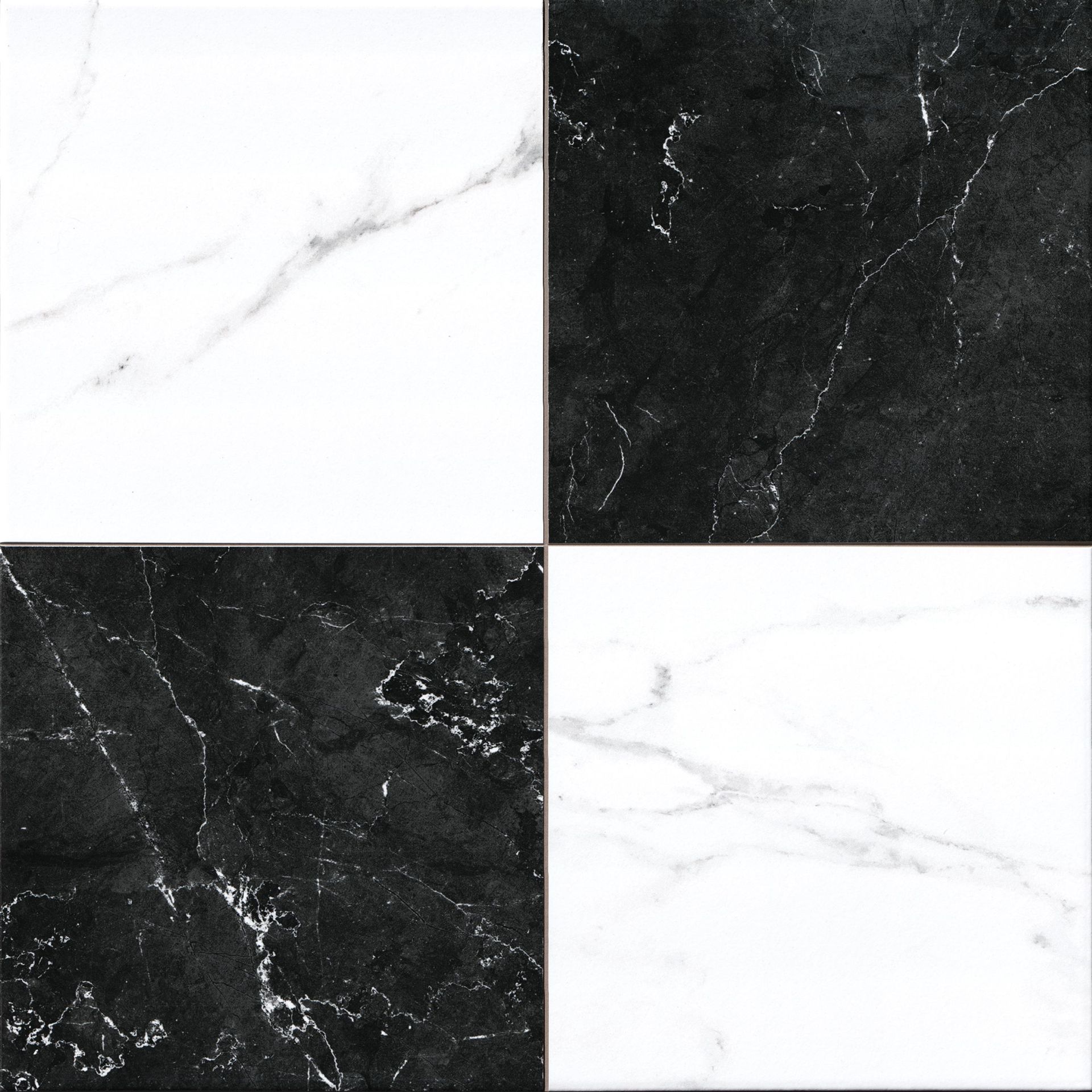 Four square tiles: two black and two white, marbled pattern.