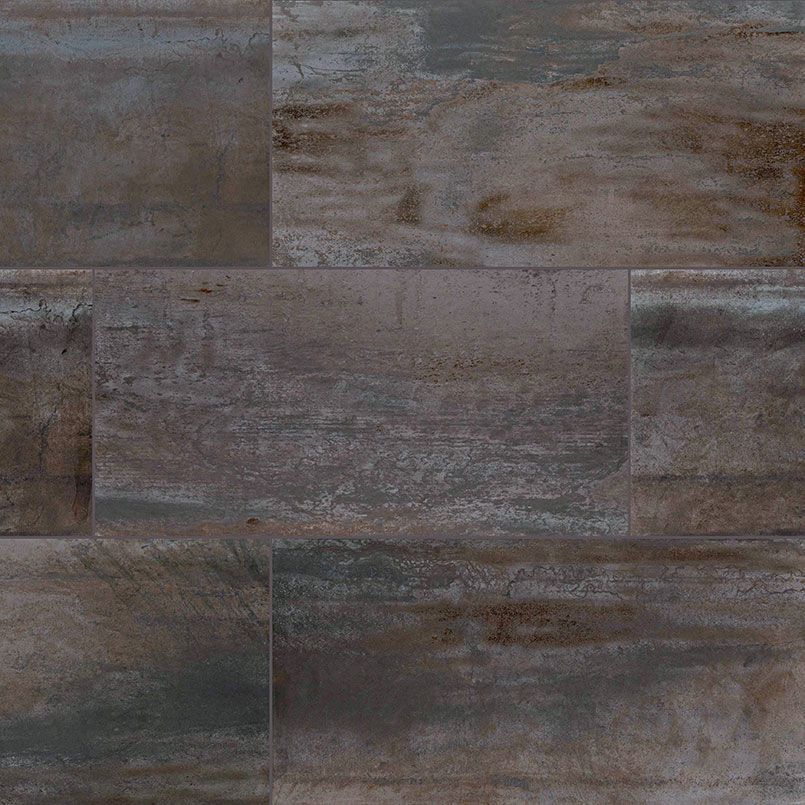 Rustic brown and grey ceramic tile flooring with a weathered texture.