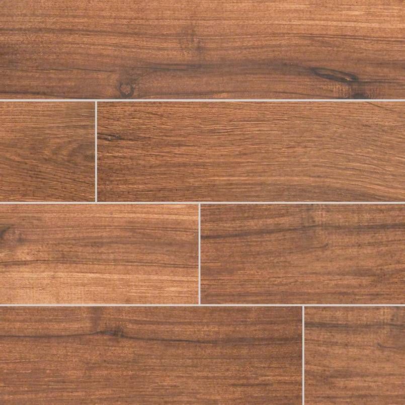 Wood-look floor tiles, brown with visible grain and light grout lines.