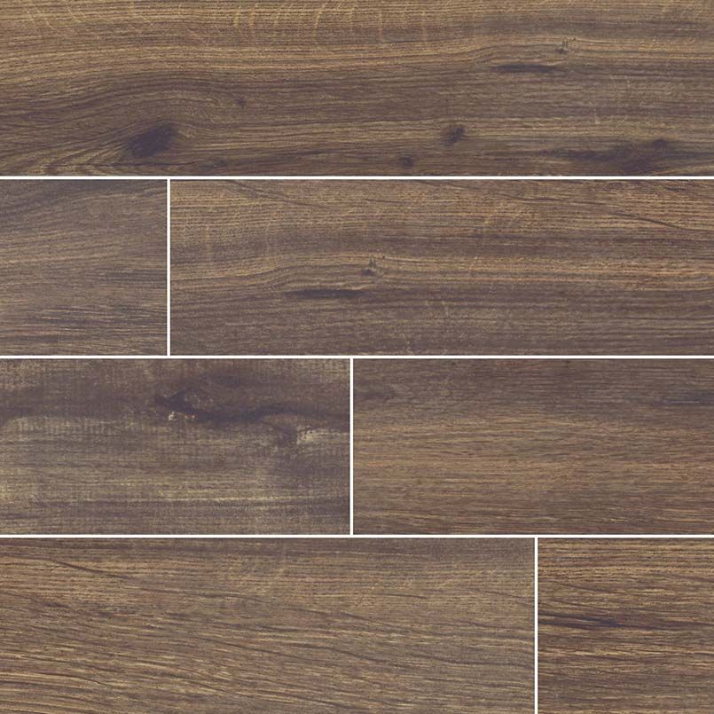 Brown wood-look tile flooring with horizontal planks and gray grout lines.