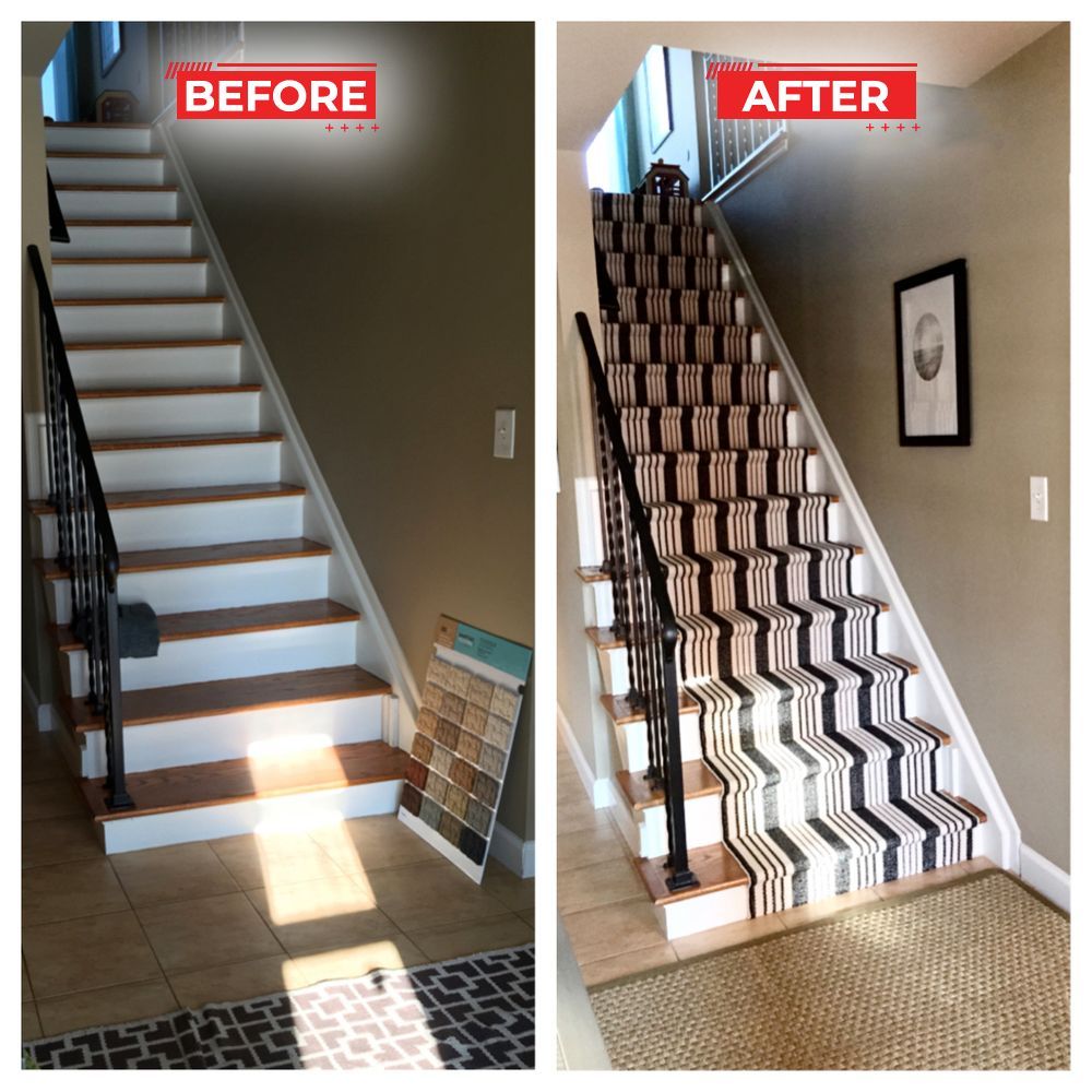 Side-by-side stairs renovation comparison: Before has bare wooden steps, After has patterned carpet.
