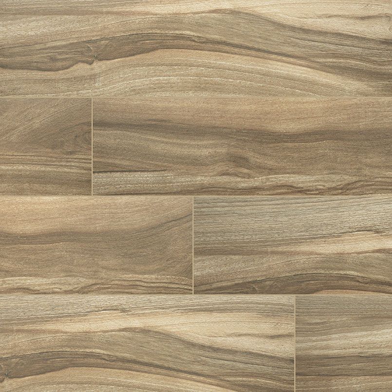 Wood-look floor tiles in shades of brown and tan, with visible wood grain patterns.