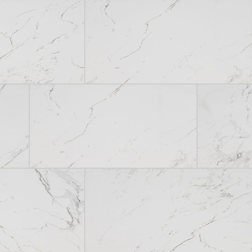 White marble tile flooring with grey veining.