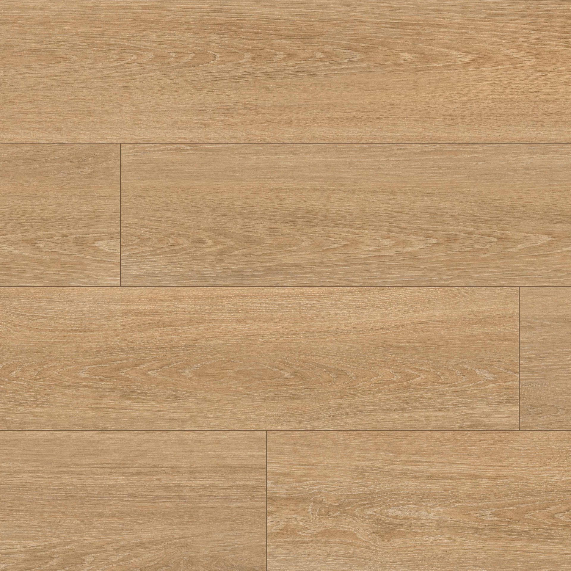 Close-up of light brown wood-look flooring tiles.