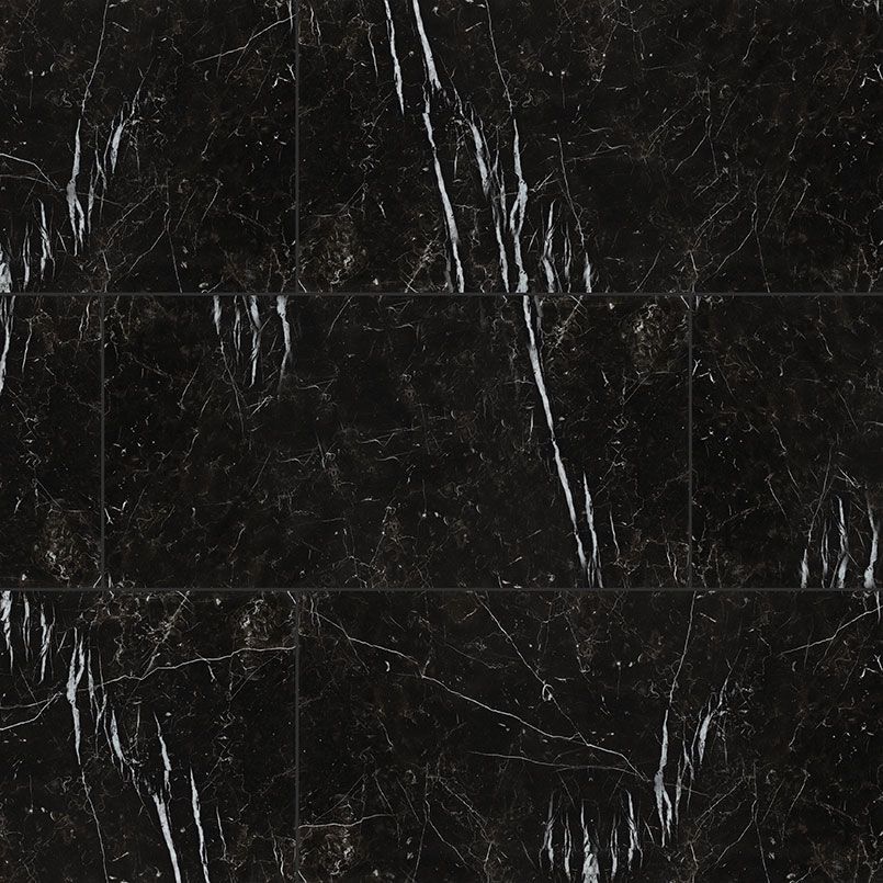 Black marble tile flooring with white veining.
