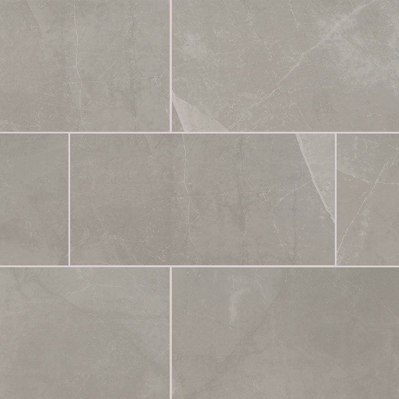 Gray rectangular tiles with subtle veining, arranged in a brick pattern with white grout lines.