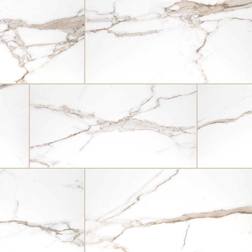 White marble-patterned tiles arranged in a rectangular grid, featuring gray and tan veining.