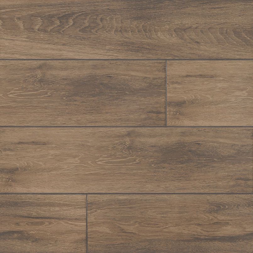 Wood-look flooring in shades of brown with visible grain and rectangular planks.