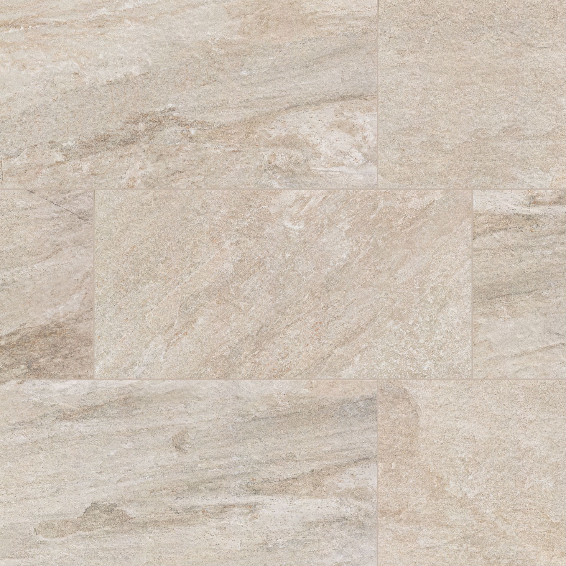 Beige and tan stone tile flooring with a textured surface.