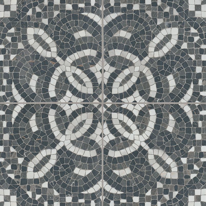 Mosaic tile pattern in dark gray, white, and lighter gray, forming a symmetrical design.