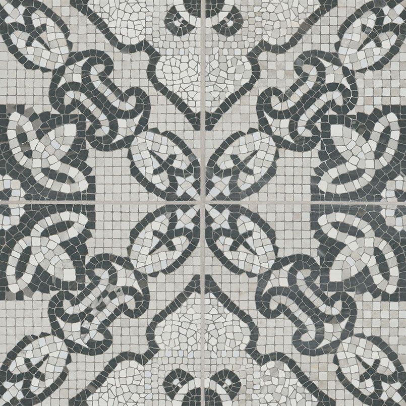 Patterned tile with gray and white floral mosaic design.