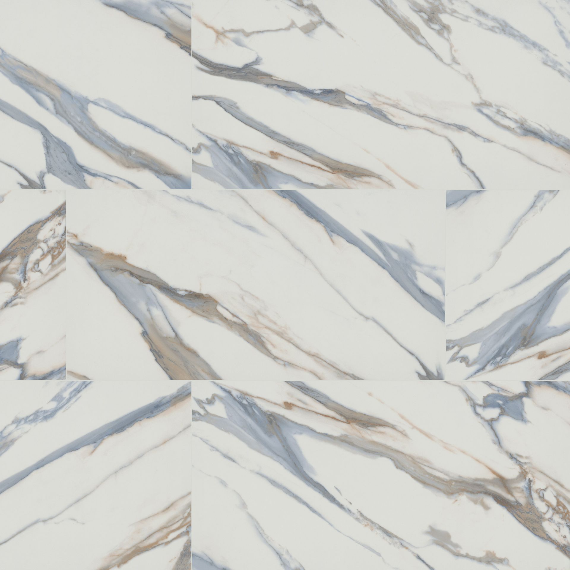 White marble tiles with gray and gold veining.