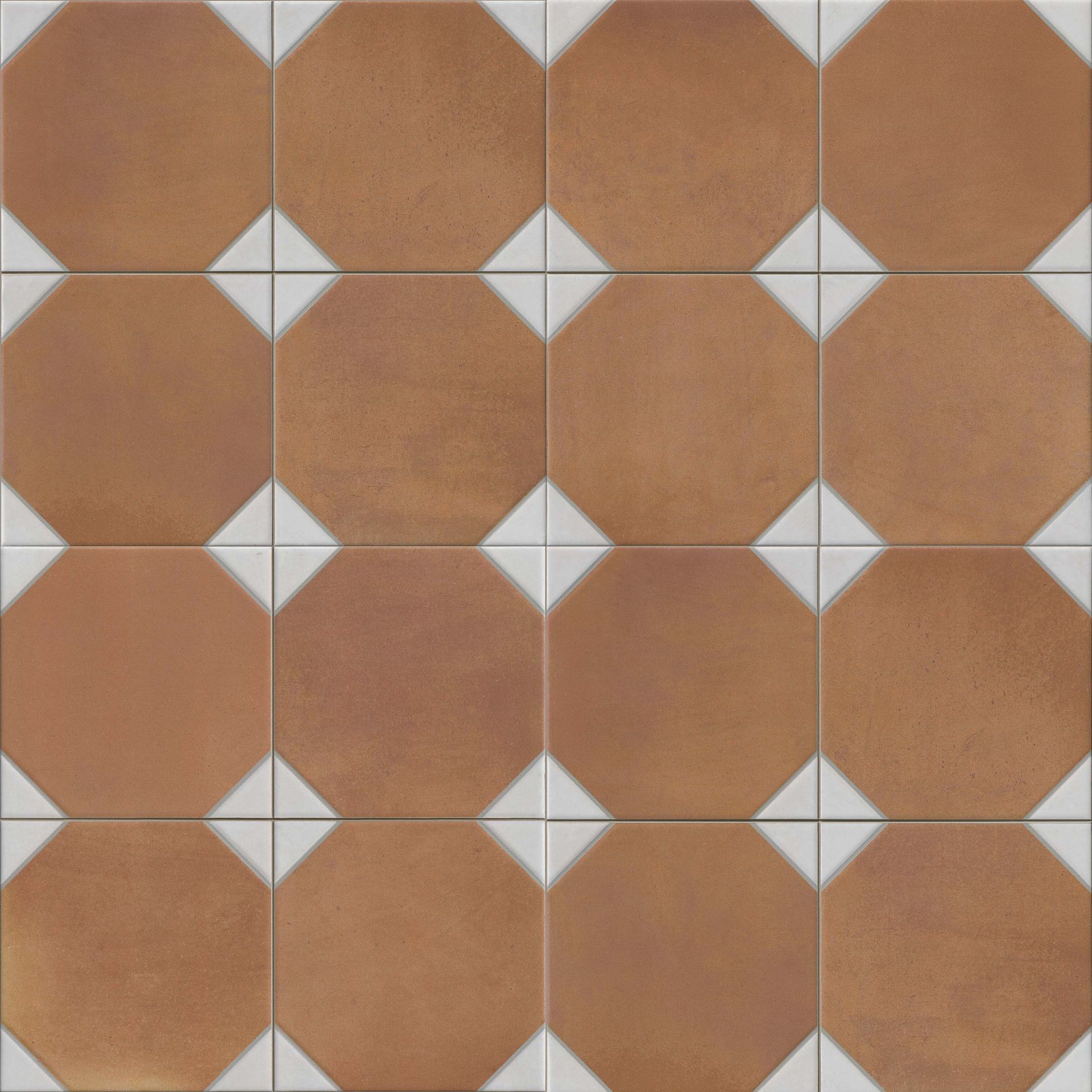 Patterned tile arrangement: sixteen terra-cotta octagons separated by small white triangles.