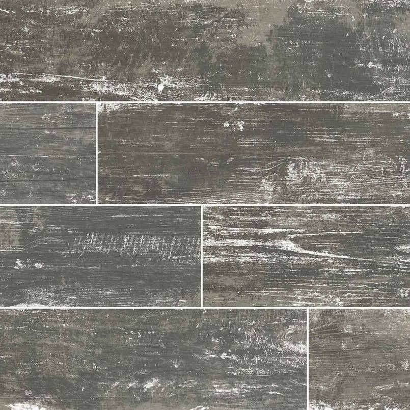 Dark gray and white distressed wood-look ceramic tile.