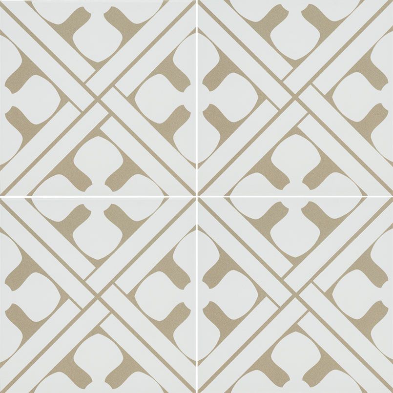 Four beige and white patterned tiles arranged together, repeating an abstract design.