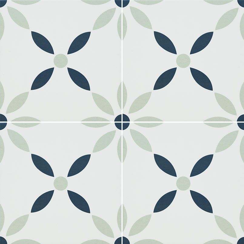 Patterned tile, repeating floral design in navy, light green, and white.
