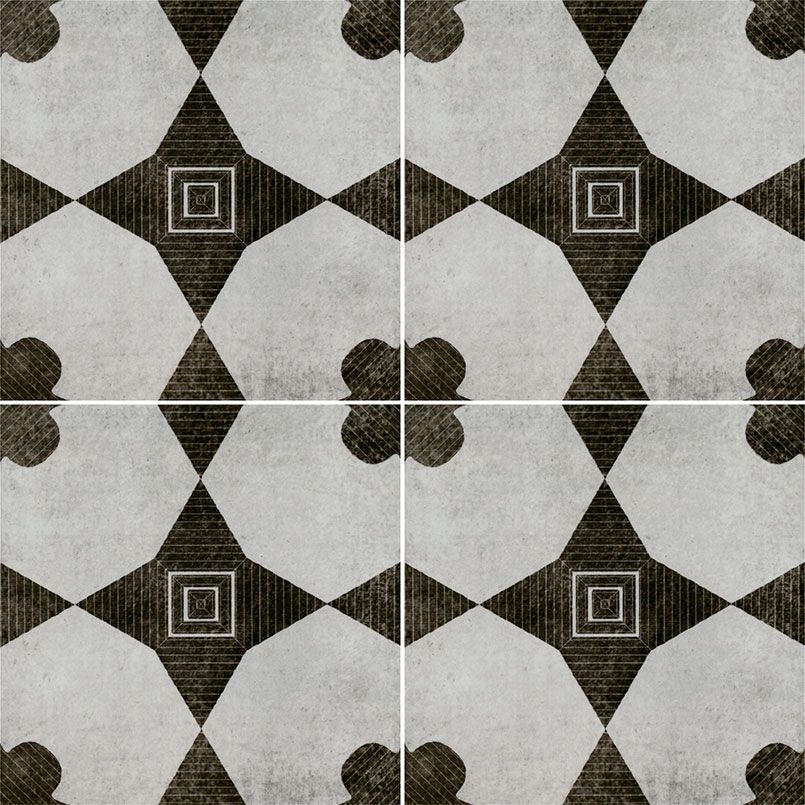 Four decorative tiles with repeating diamond and floral patterns in black and white.