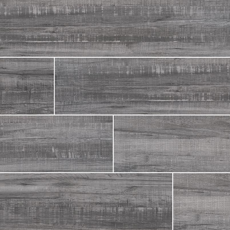 Gray, wood-look floor tiles arranged in a staggered pattern with thin white grout lines.