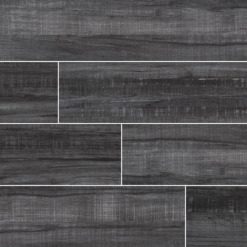 Dark gray wood-look tile flooring, rectangular planks with visible grain, laid in a staggered pattern.