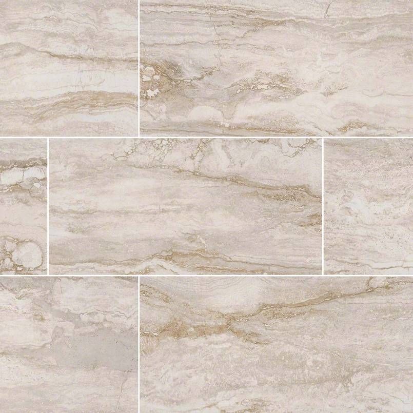 Beige and tan marble-look tile in rectangular and square shapes, laid in a pattern.