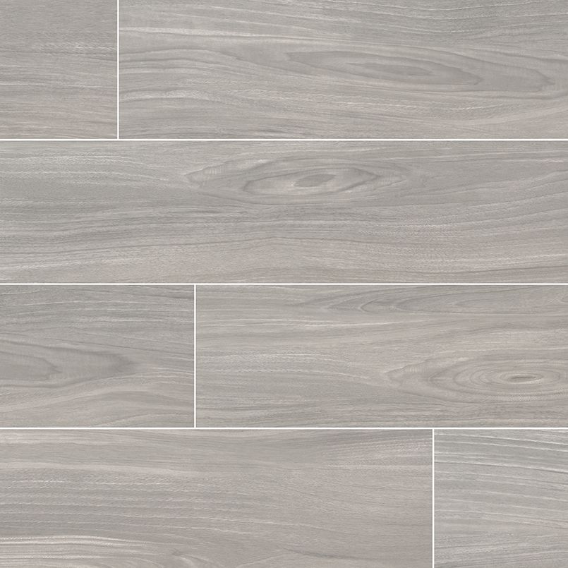 Gray wood-look tile flooring with horizontal planks and visible grain.