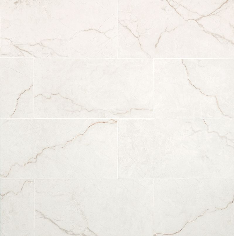 White rectangular tiles with subtle gold veining, arranged in a staggered pattern.