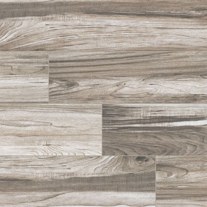 Wood-look floor tiles with varied grain patterns in shades of gray and brown.