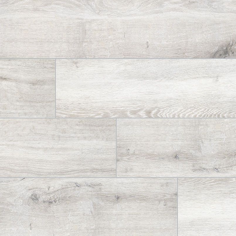 Light gray and white wood-look flooring with natural grain and knots.