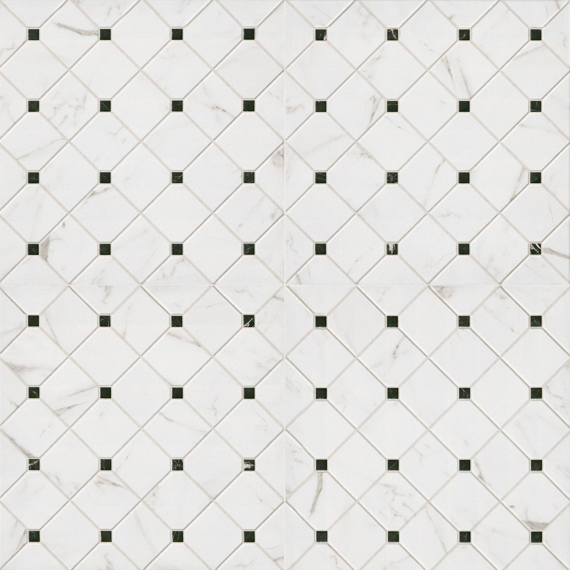 White marble tile floor with black square accents in a diamond pattern.