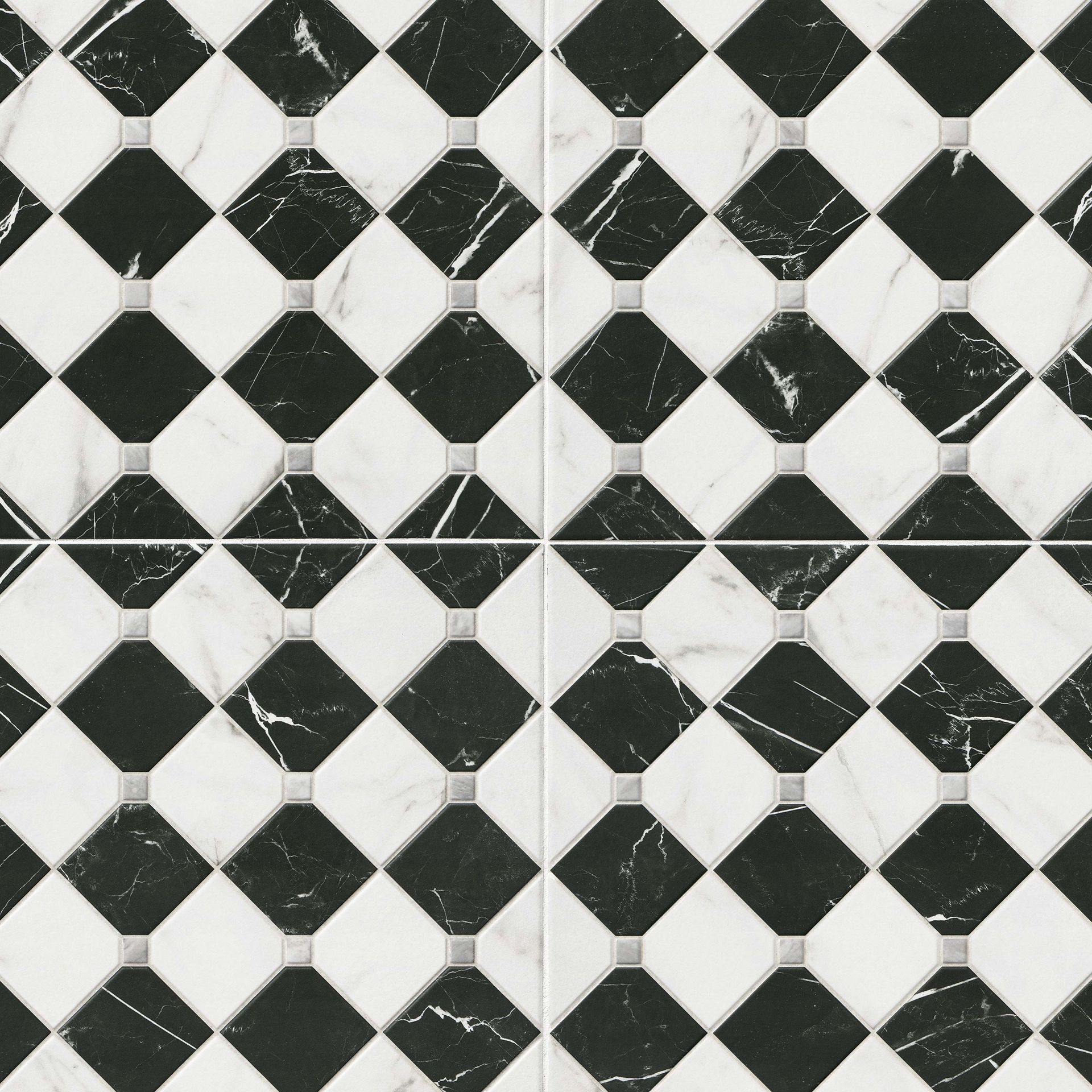 Black and white checkered tile pattern with marble-like texture and silver squares at intersections.