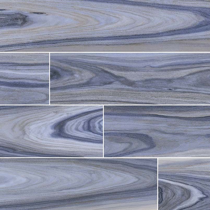 Blue and gray marble-like tile in a plank pattern.
