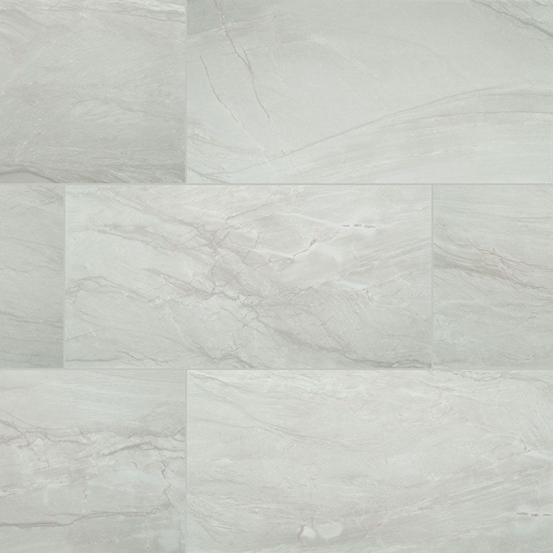 Light gray marble-look floor tiles with subtle veining.