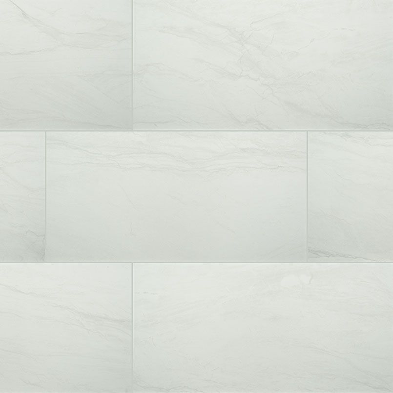 White rectangular tile floor, subtle marble-like veining pattern.