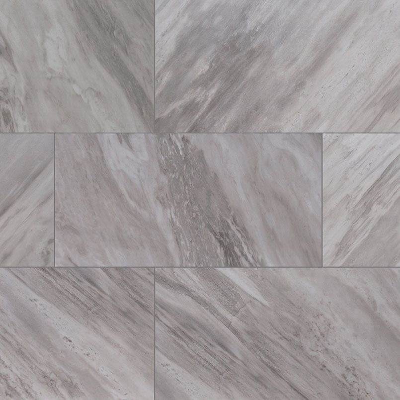 Gray and white marble-look tiles arranged in a brick pattern, with visible veining and grout lines.