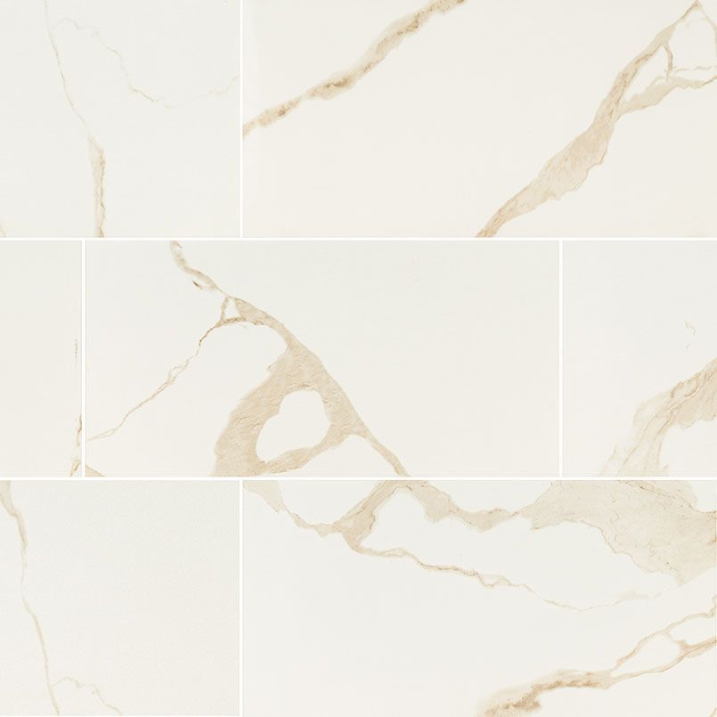 White tile with gold veining, arranged in a rectangular pattern.