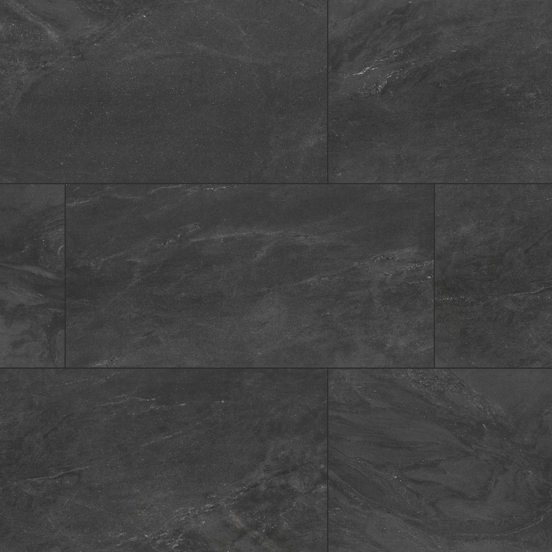 Dark gray, rectangular stone tile flooring.