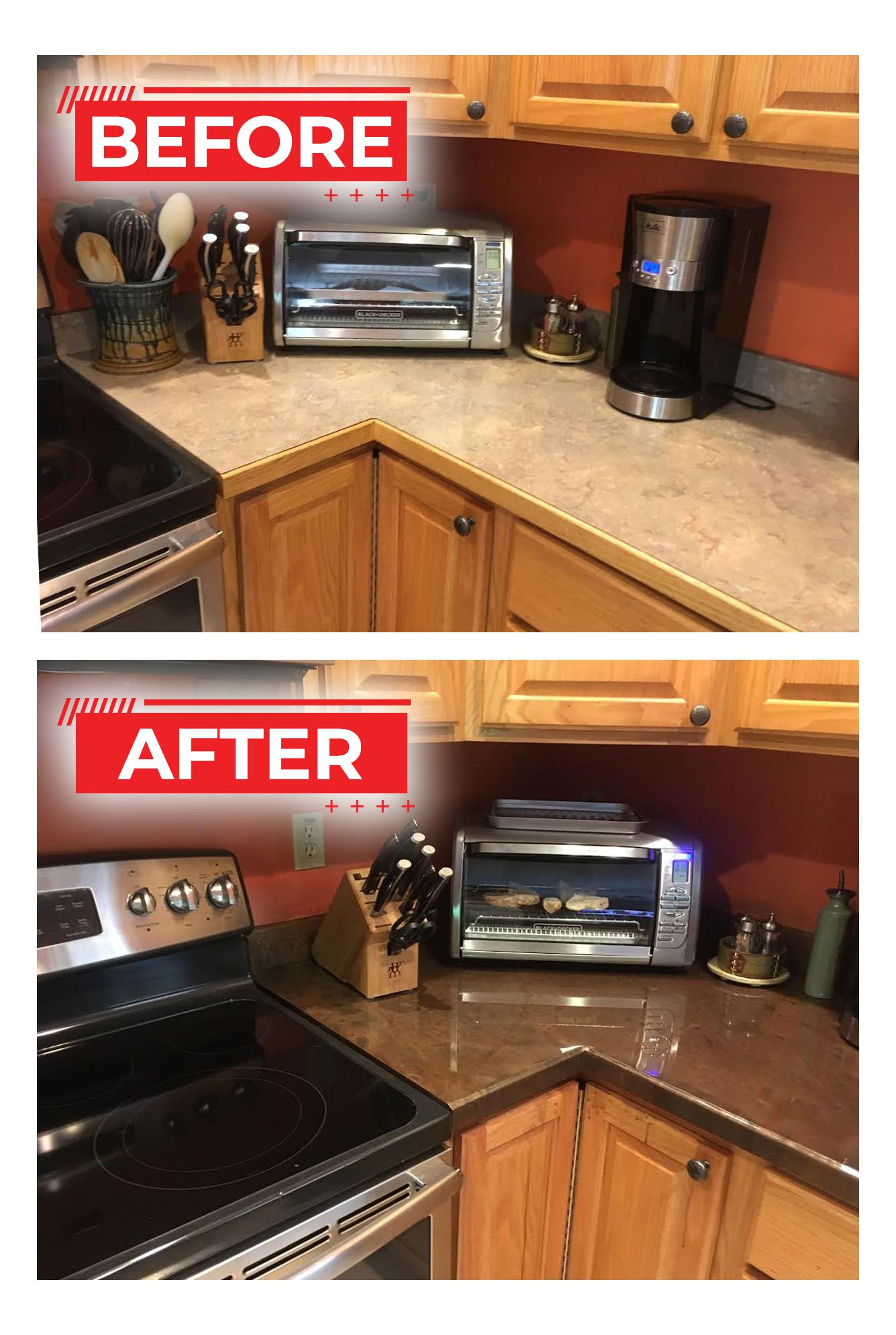 Kitchen countertop before/after: appliances (toaster, coffee maker) and utensils. Countertop changed from light to dark.