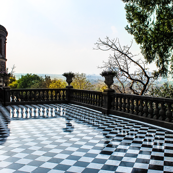 Black and white checkered terrace overlooking a distant cityscape, framed by a stone balustrade and bare trees.